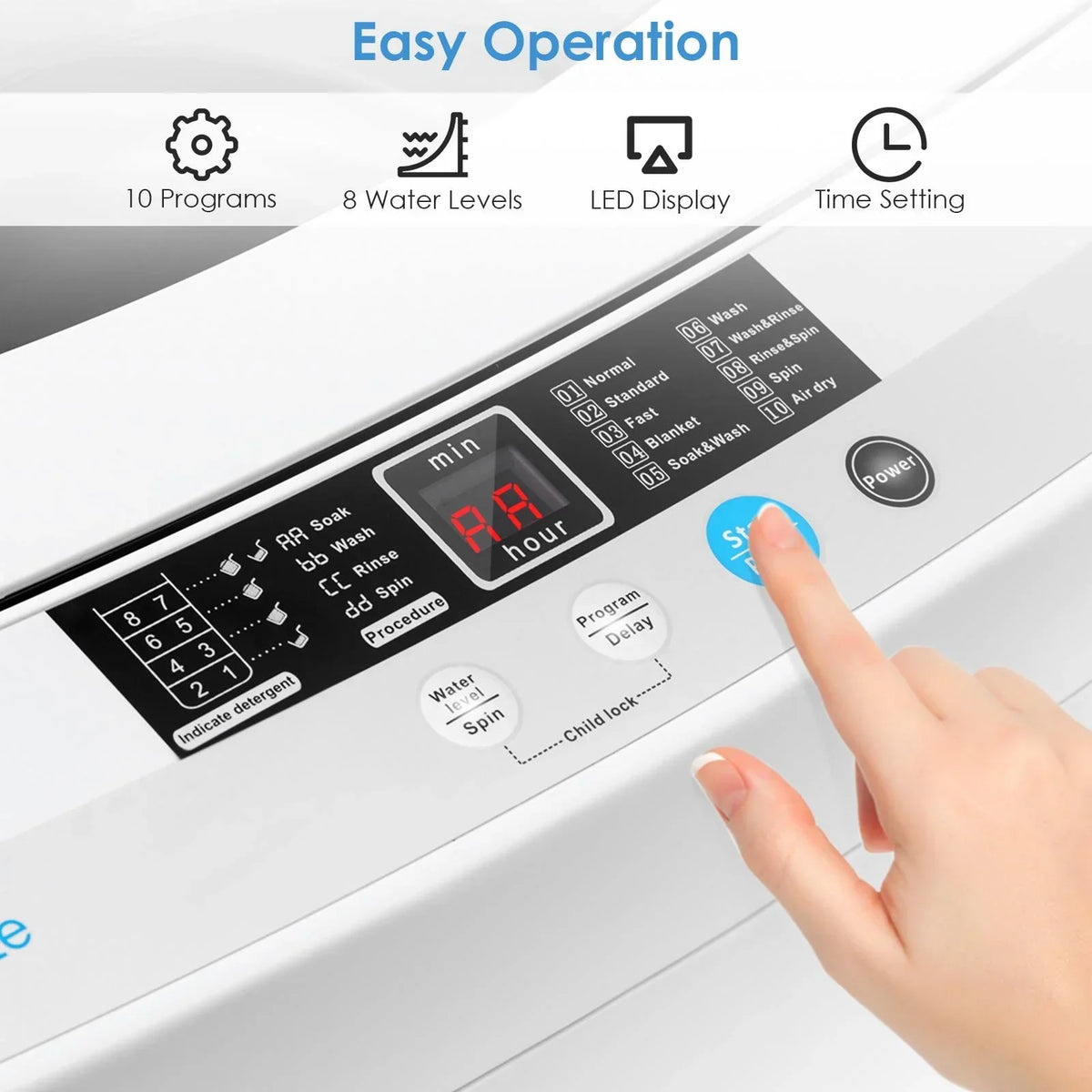 2026 NewGiantex Full-Automatic Washing Machine, 1.34 Cu.ft Compact Washer w/10 Programs, 8 Water Levels & LED Panel, 9.92 Lbs Capacity Portable Cloth Washer and Spinner w/Drain Pump