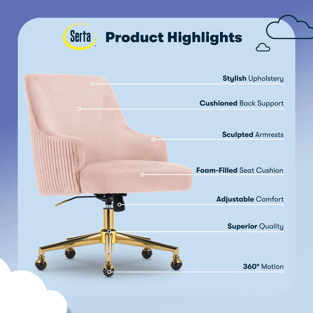 2026 NewSerta Scarlett Modern Mid-Back Office Chair Velvet Fabric Gold Metal Base Pink