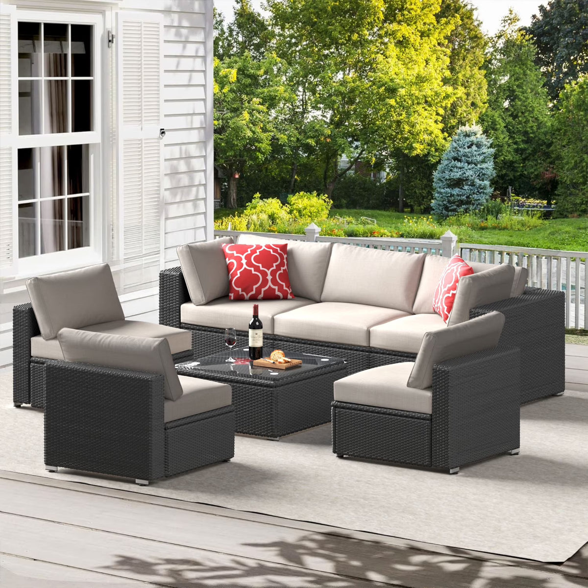 2026 New7 Piece Patio Furniture Sets Outdoor Sectional PE Rattan Outdoor Furniture Patio Conversation Set with Cushions and Glass Coffee Table, for Balcony Lawn and Garden, Gray