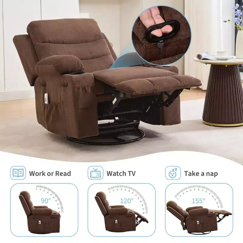 2026 Sillón reclinable mecedora giratorio 360° extragrande con masaje y calor, portavasos y bolsillos