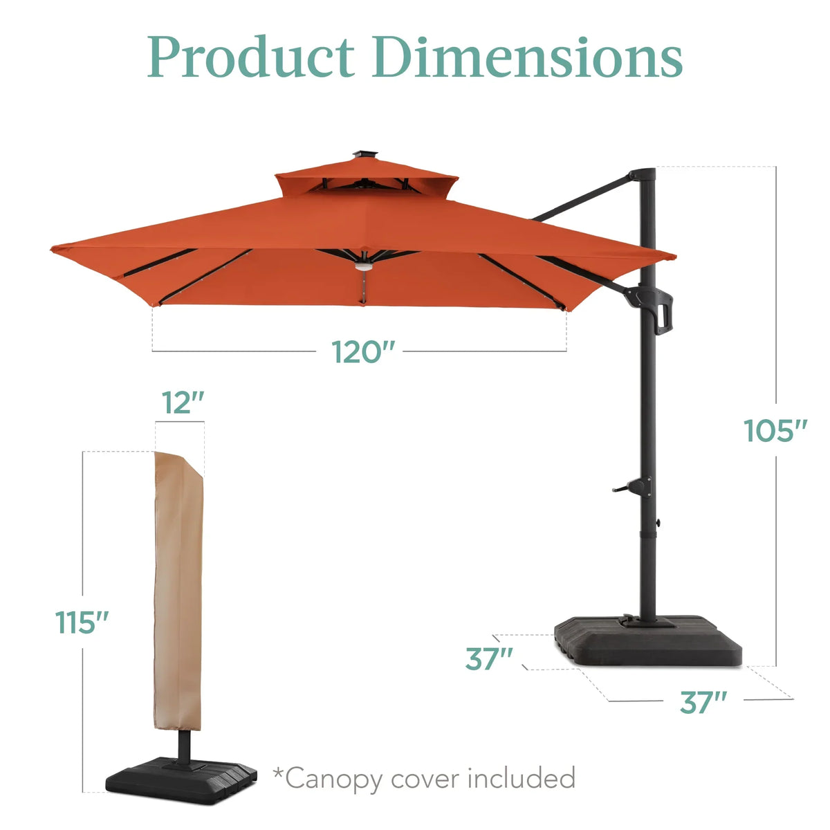2026 NewBest Choice Products 10x10ft 2-Tier Square Outdoor Solar LED Cantilever Patio Umbrella w/ Base Included - Tan