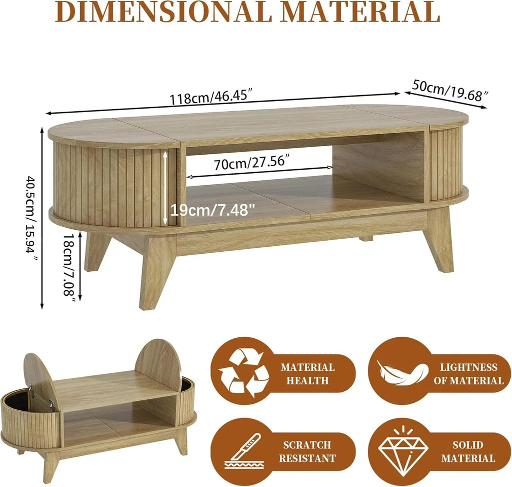 2026 NewFluted Coffee Table with Storage, Modern Coffee Tables, Wood Accent Center Table