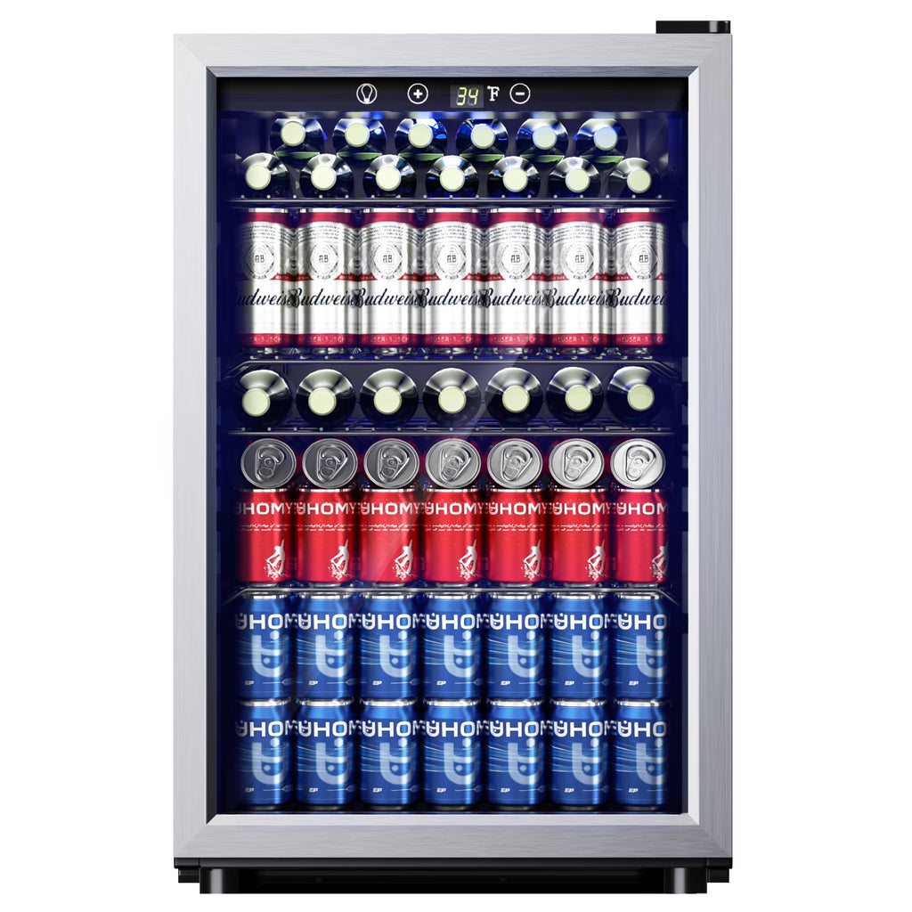 2026 NewEUHOMY 145 Can Beverage Refrigerator and Mine Cooler with Glass Door with Adjustable Shelves