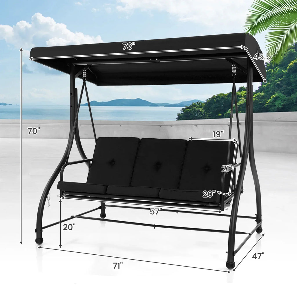 2026 NewCostway 3-Seat Outdoor Converting Patio Swing Glider Adjustable Canopy Porch Swing Black