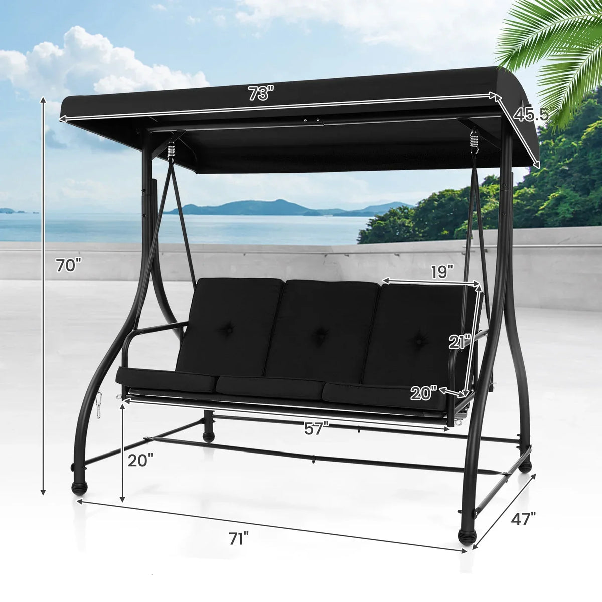 2026 NewCostway 3-Seat Outdoor Converting Patio Swing Glider Adjustable Canopy Porch Swing Black