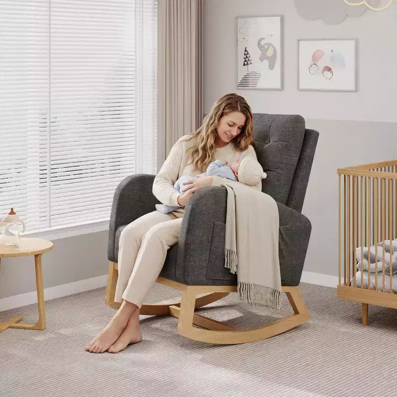 2026 Sillón mecedora deslizante tapizado con bolsillo lateral, estructura de madera, 1 plaza