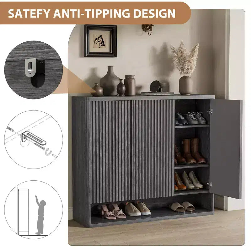 2026 Zapatero de madera de 46" con puerta acanalada, almacenamiento ajustable para 30–35 pares
