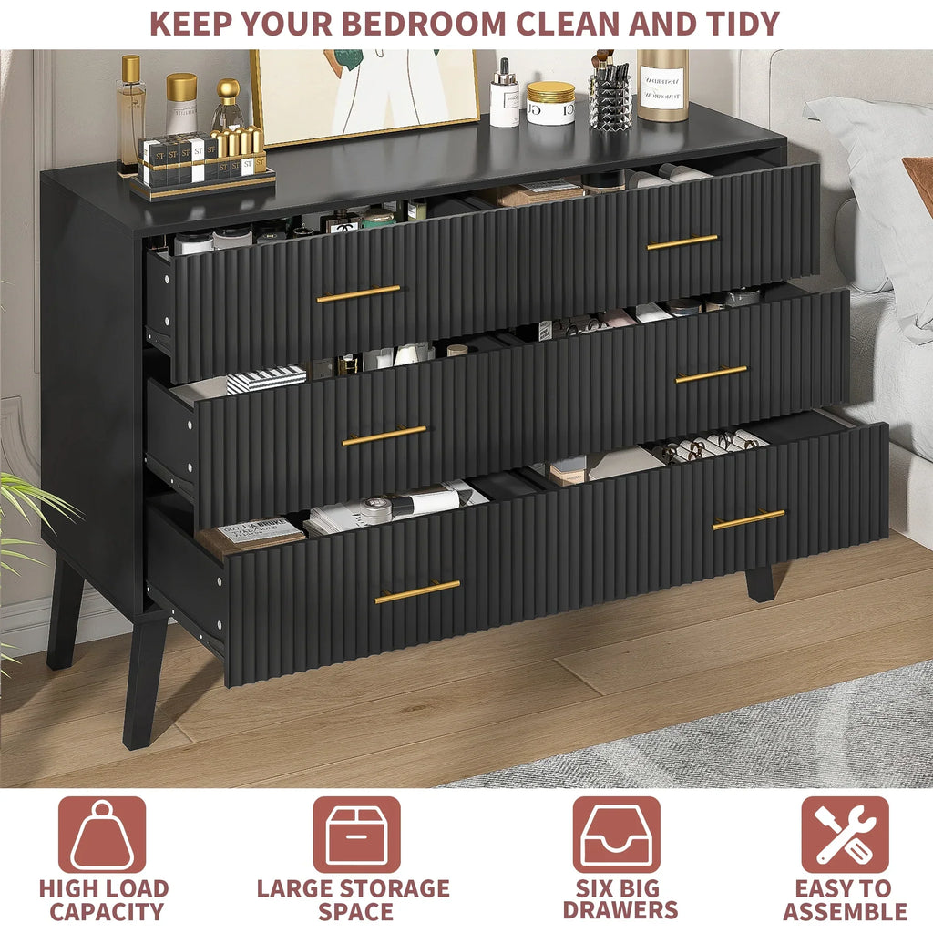 2026 NewFluted 6 Drawers Dresser, Wide Modern Chest of Drawers, 6 Drawer Double Dresser