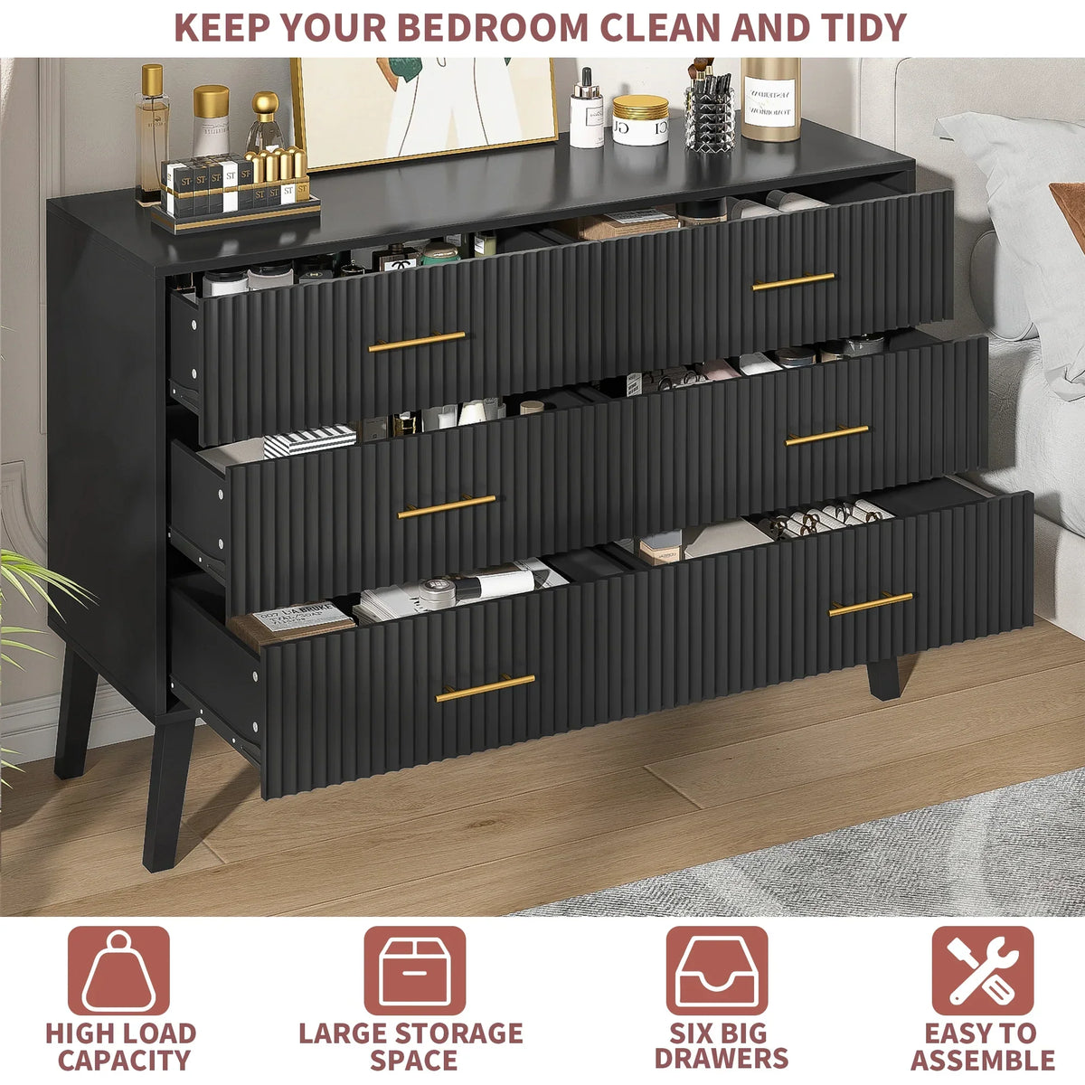 2026 NewFluted 6 Drawers Dresser, Wide Modern Chest of Drawers, 6 Drawer Double Dresser