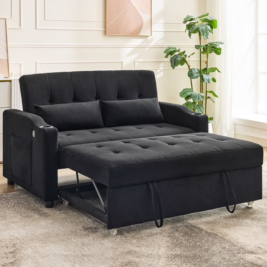 2026 New3 in 1 Convertible Sleeper Sofa Bed, Corduroy Futon Couches with Pull-Out Bed, Adjustable Backrest, Charging Port & Side Pockets, Modern Upholstered Sofa for Living Room, Guest Room