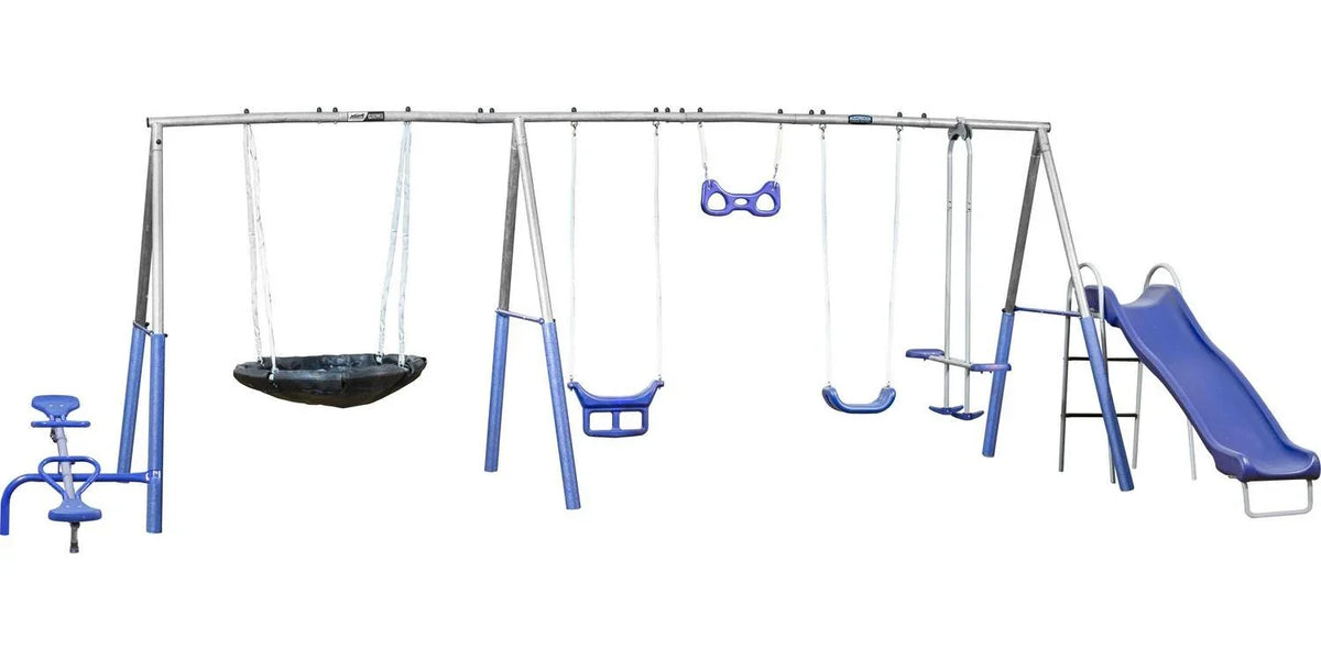 2026 NewXDP Recreation Fun All-Mighty Metal Swing Set with Super Disc Swing. Stand R Swing. Glider. & Slide