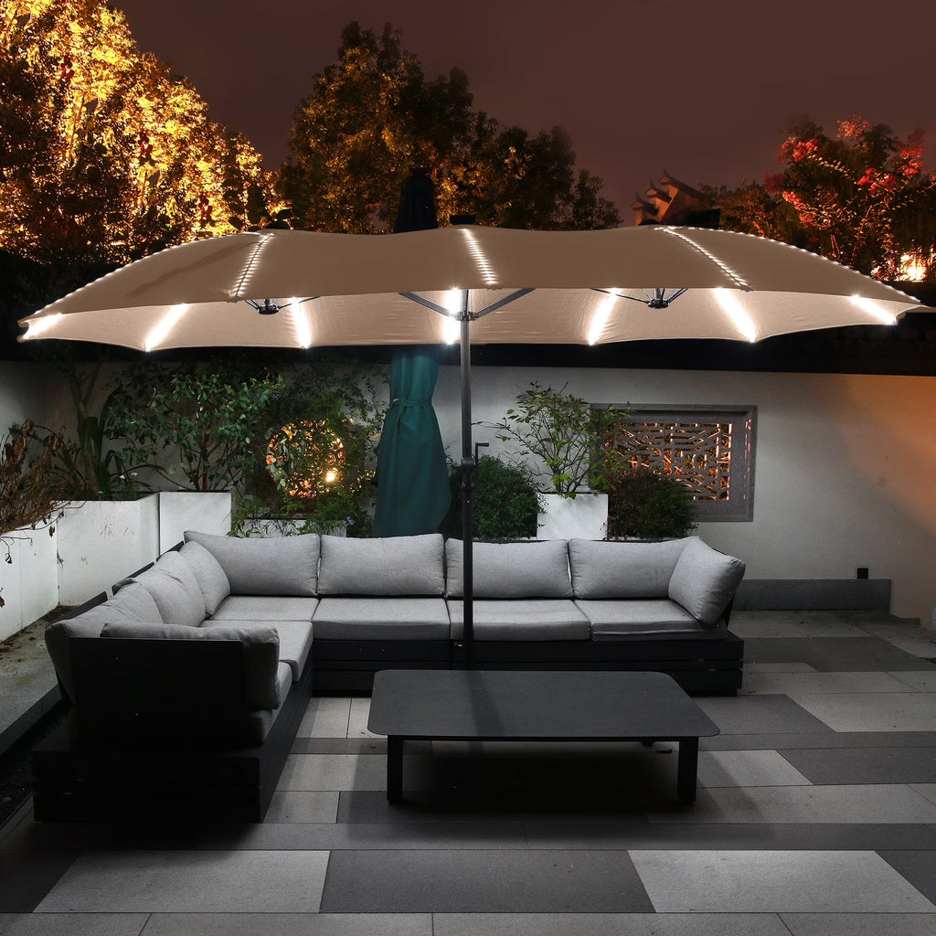 2026 NewMondawe 15ft Patio Umbrella, Large Double-Sided Solar LED Outdoor Umbrella with Fiberglass Ribs and Base for Deck Pool, Navy Blue