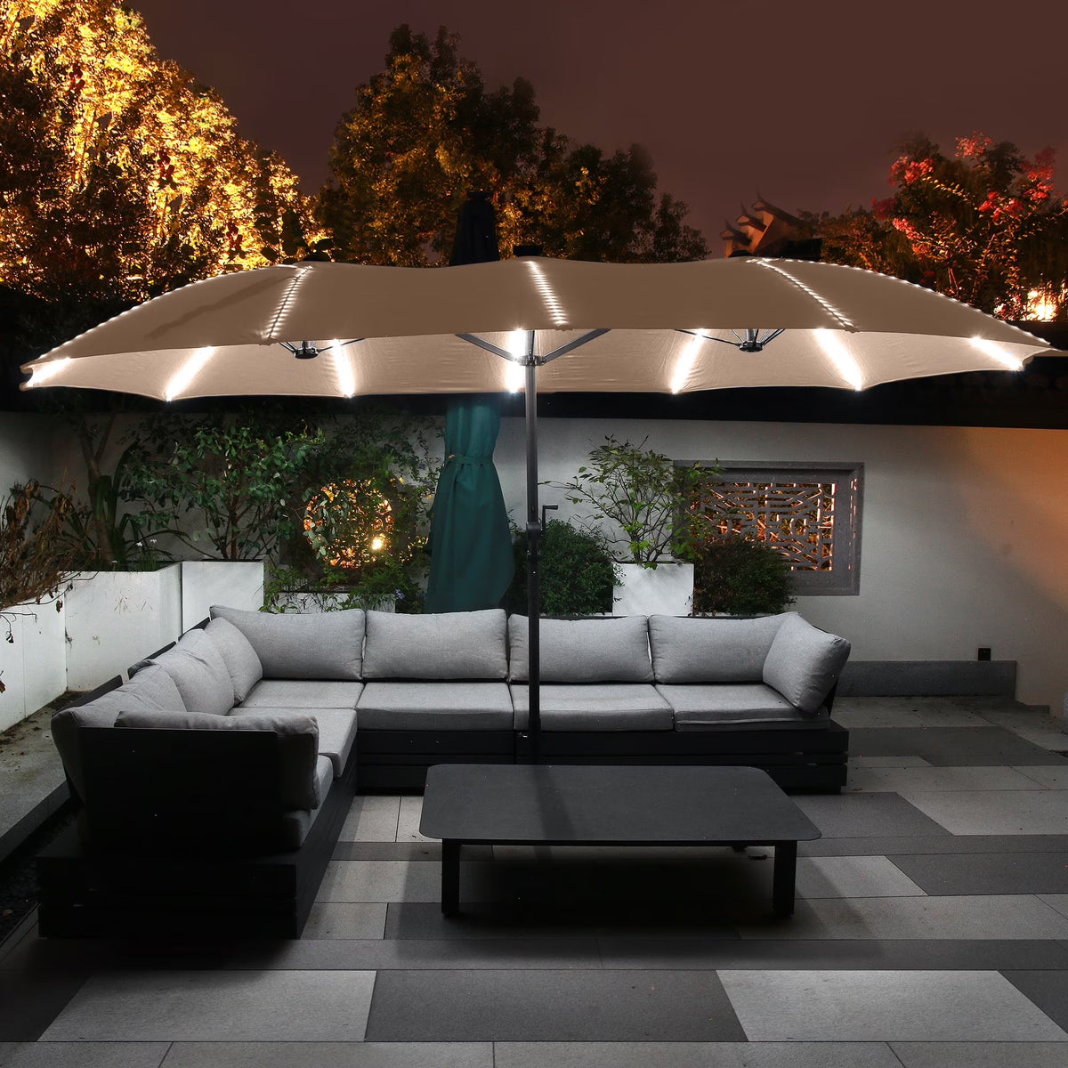 2026 NewMondawe 15ft Patio Umbrella, Large Double-Sided Solar LED Outdoor Umbrella with Fiberglass Ribs and Base for Deck Pool, Navy Blue