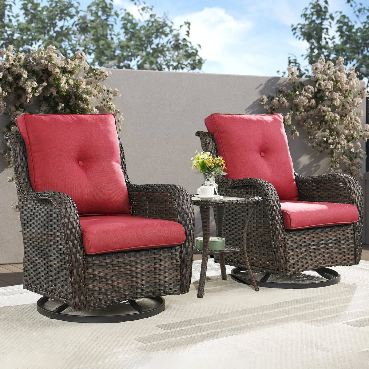 2026 NewPOCASSY 3 Piece Patio Set Outdoor Wicker Glider Rocking and Swivel Chairs with Cushions
