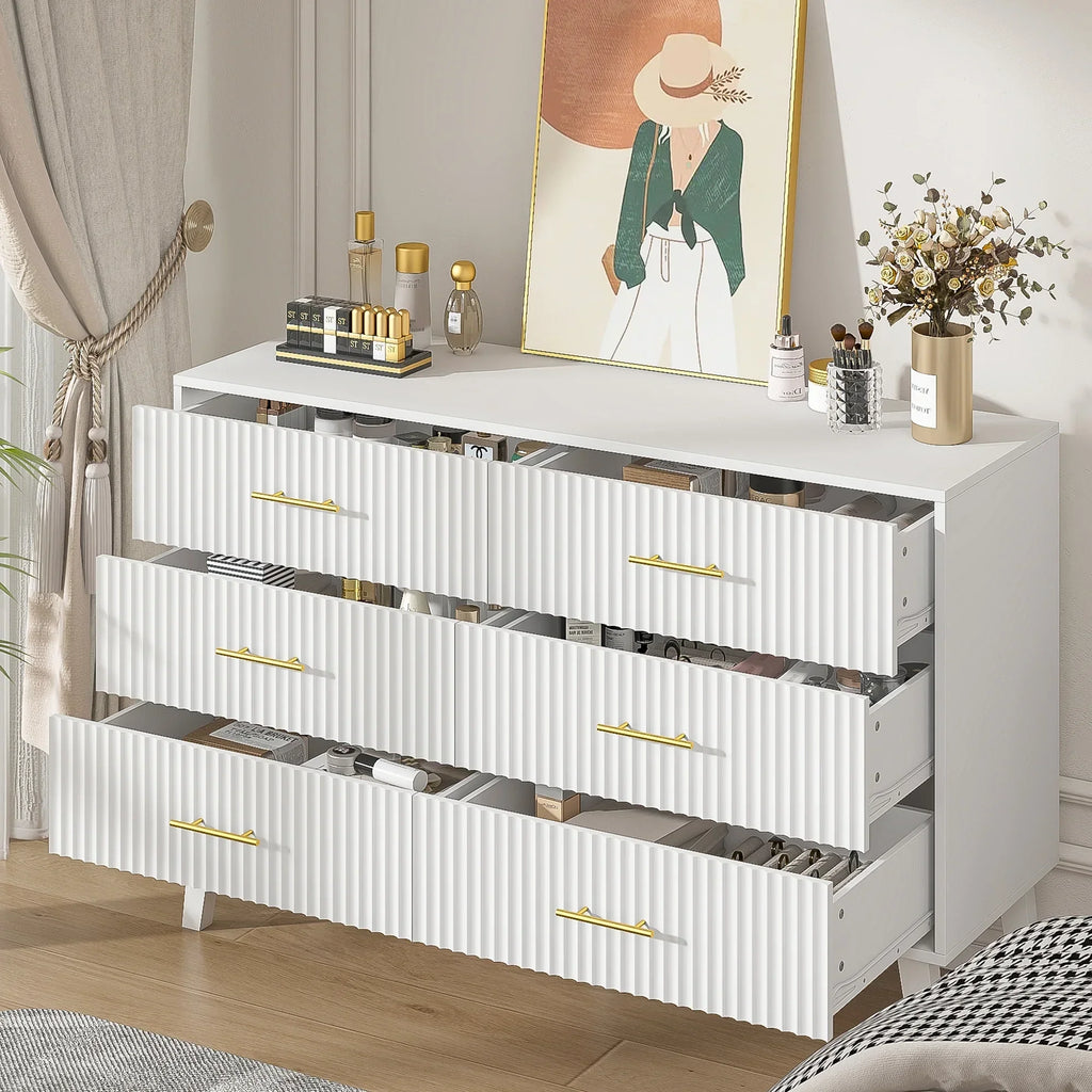 2026 NewFluted 6 Drawers Dresser, Wide Modern Chest of Drawers, 6 Drawer Double Dresser
