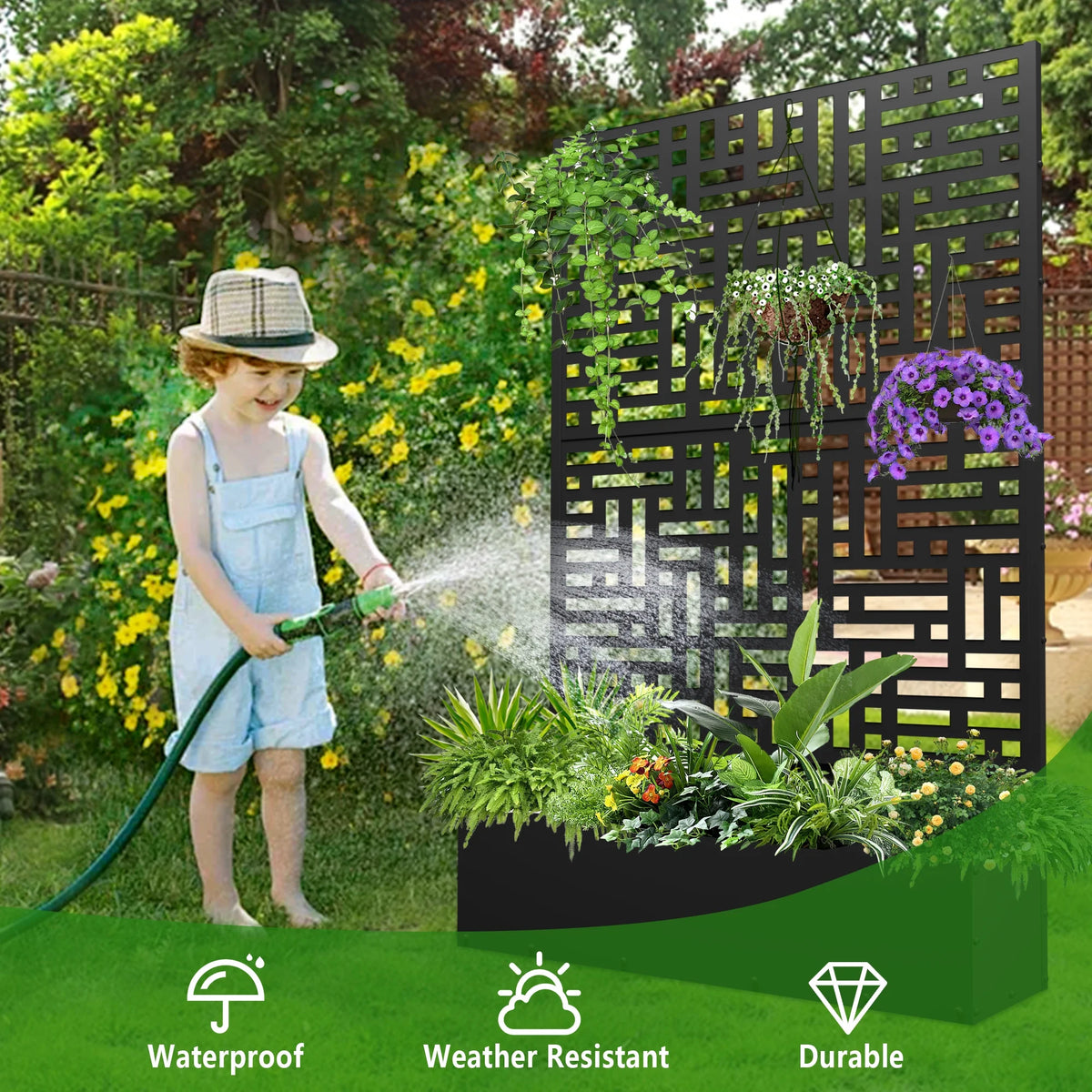 2026 Macetero metálico FOOWIN de 180 cm de alto con enrejado, jardinera elevada para exteriores para plantas trepadoras, jardinera con enrejado y orificio de drenaje, color negro.