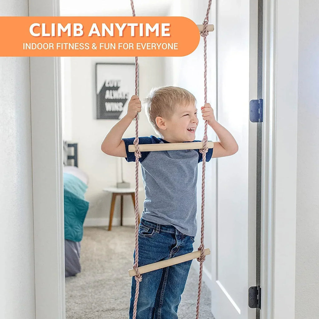 2026 NewGym1 - Deluxe Indoor Doorway Gym for Kids Playground Set - All in One Gym Set - Four Ways of Fun: Blue Indoor Swing, Plastic Rings, Climbing Ladder, and Pull Up Bar