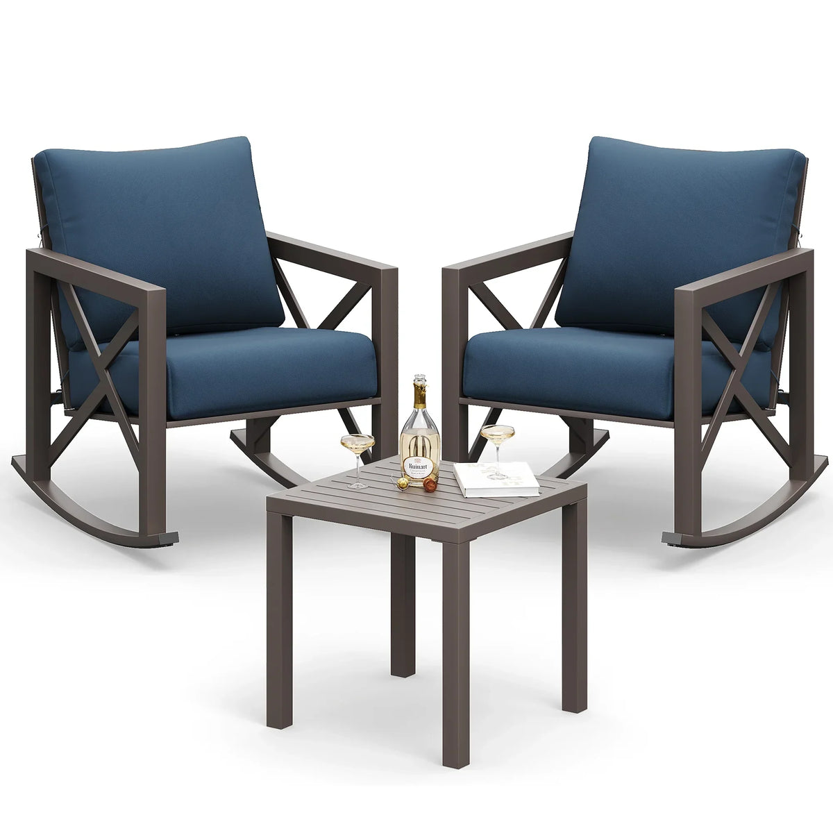 2026 NewMRUAKA Rocking Chair Bistro Set,3 Piece Outdoor Patio Furniture Set with 2 Rockers and 1 Metal Coffee Table with Thick Cushions for Porch,Backyard,Poolside,Beige