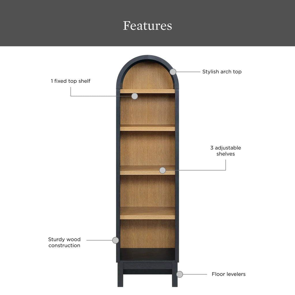 2026 NewBetter Homes & Gardens Juliet Narrow Arch Bookcase, Rich Black and Light Honey