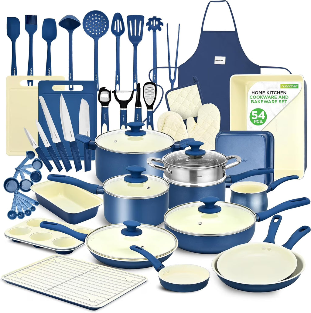 2026 New54-Piece Kitchen Cookware Set �C Complete Non-Stick Ceramic Pots and Pans Set with Utensils, Bakeware, and Knife Set, Gas, Electric & Induction Compatible, Blush Pink Kitchen Essentials