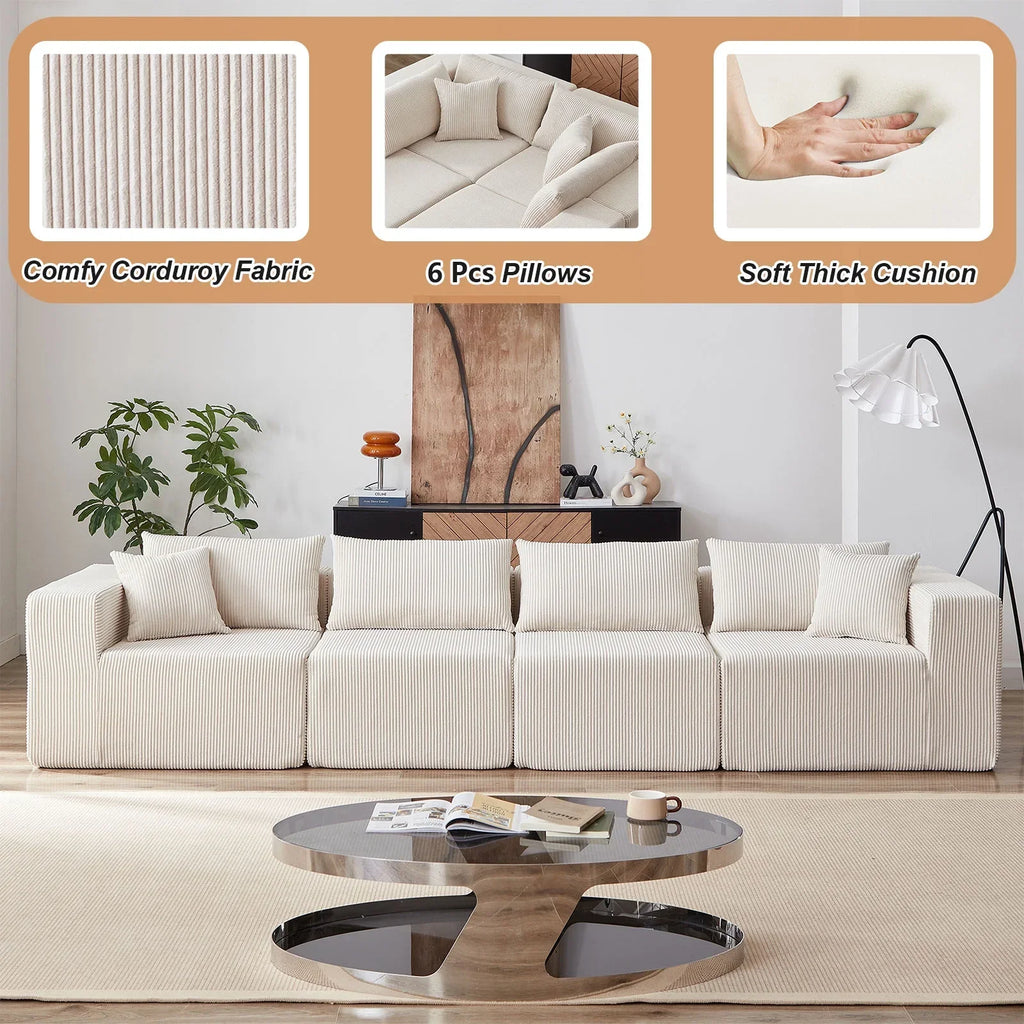 2026 New104-Inch Corduroy Modular L Shaped Sectional Sofa,Luxury Floor Couch Set,Upholstered Indoor Furniture,Foam-Filled Compressed Sofa for Living Room,Bedroom,4 PC Free Combination