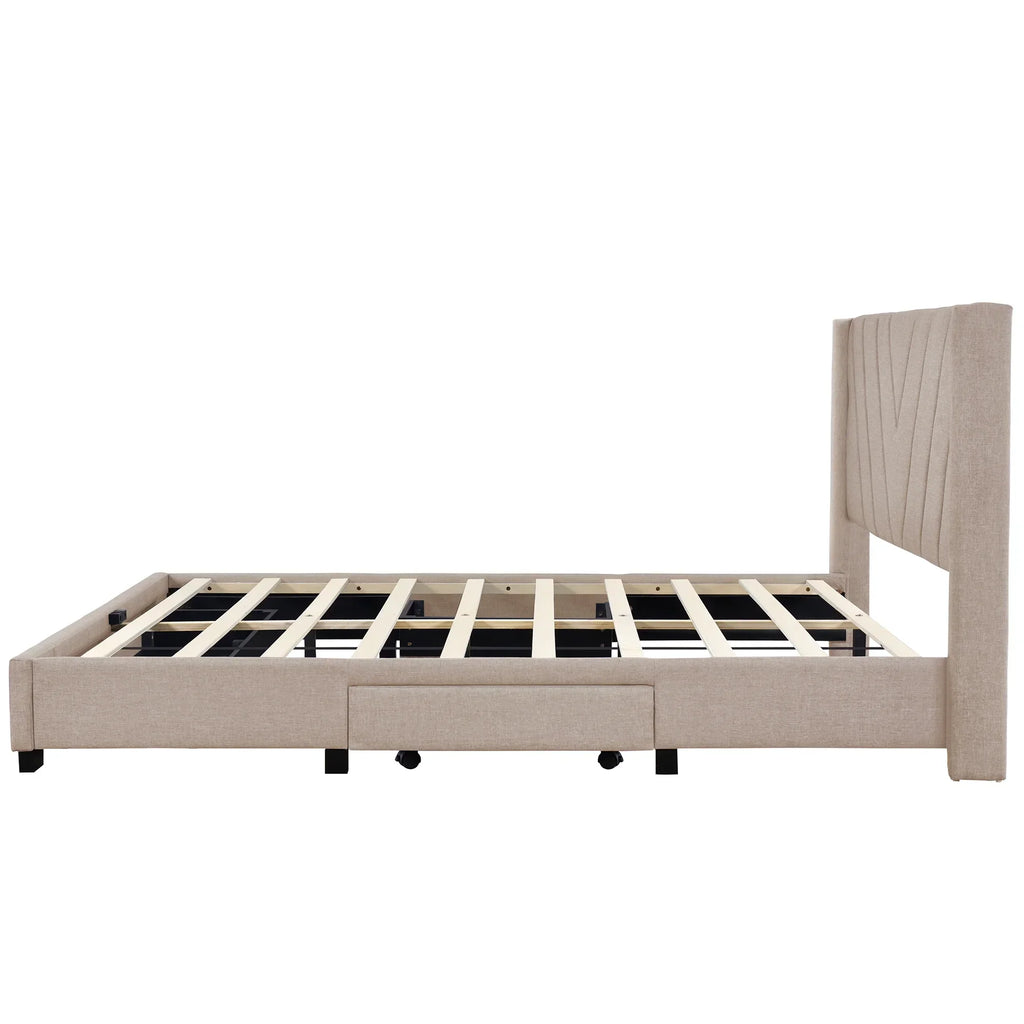 2026 NewSesslife Queen Bed Frame with Storage, New Upgraded Linen Upholstered Platform Bed with 3 Drawers, Queen Size Storage Bed with Headboard and Wooden Slats, No Box Spring Needed, Holds 500lbs, Beige