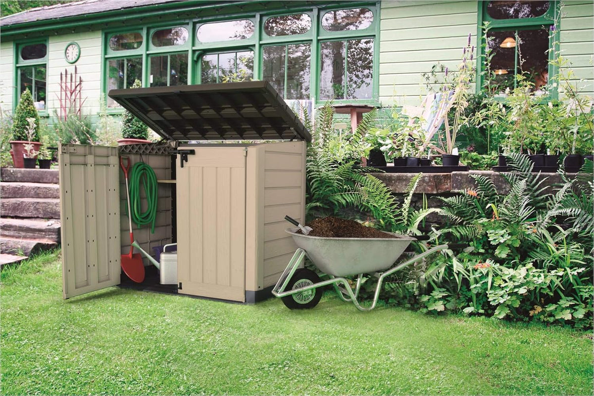 2026 Keter Sio Max -Cobertizo de jardín exterior, Capacidad 1200L, Color Topo/Beige, 145.5 x 125 x 82 cm