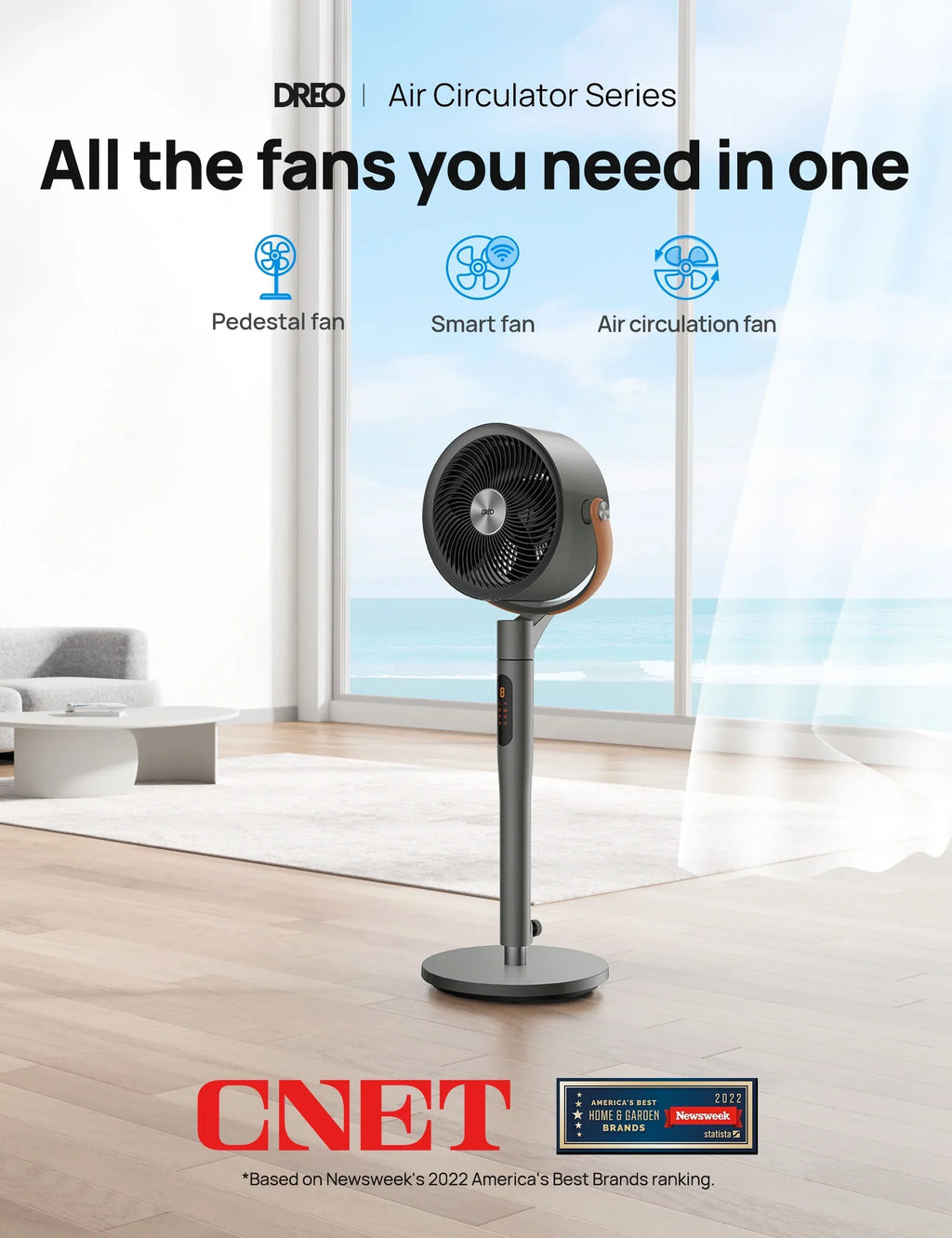 2026 NewDreo Pedestal Fan with Remote, 43'' Quiet Standing Fan for Home Bedroom, 120"+105" Smart Oscillating Floor Fans with Wi-Fi/Voice Control, Works with Alexa/Google, 6 Modes, 8 Speeds, 12H Timer