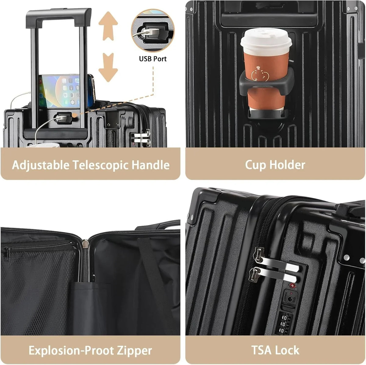 2026 New20 Inch Carry On Luggage With Cup Holder & USB Port, Airline Approved TSA-locked Luggage, Lightweight PC Material Travel Suitcase With 360" Spinner Wheel