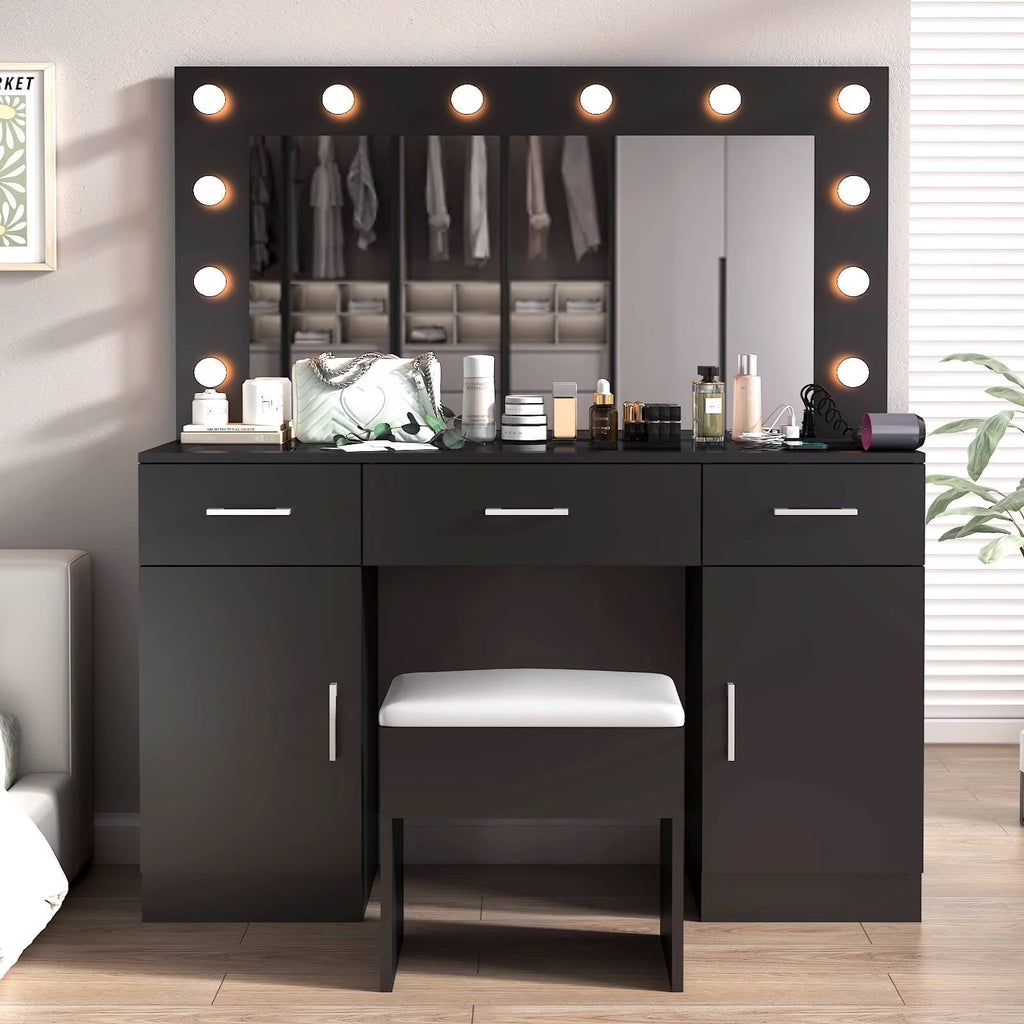 2026 NewKtaxon Large Makeup Vanity, Vanity Table Set w/ Visible Glass Top w/ Charging Station, White