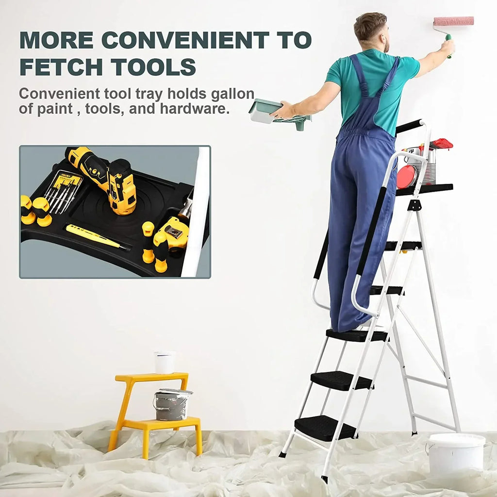 2026 NewHBTower Folding 5-Step Ladder, 330lbs, with Handrails and Tool Tray and Anti-Slip Pedal, White