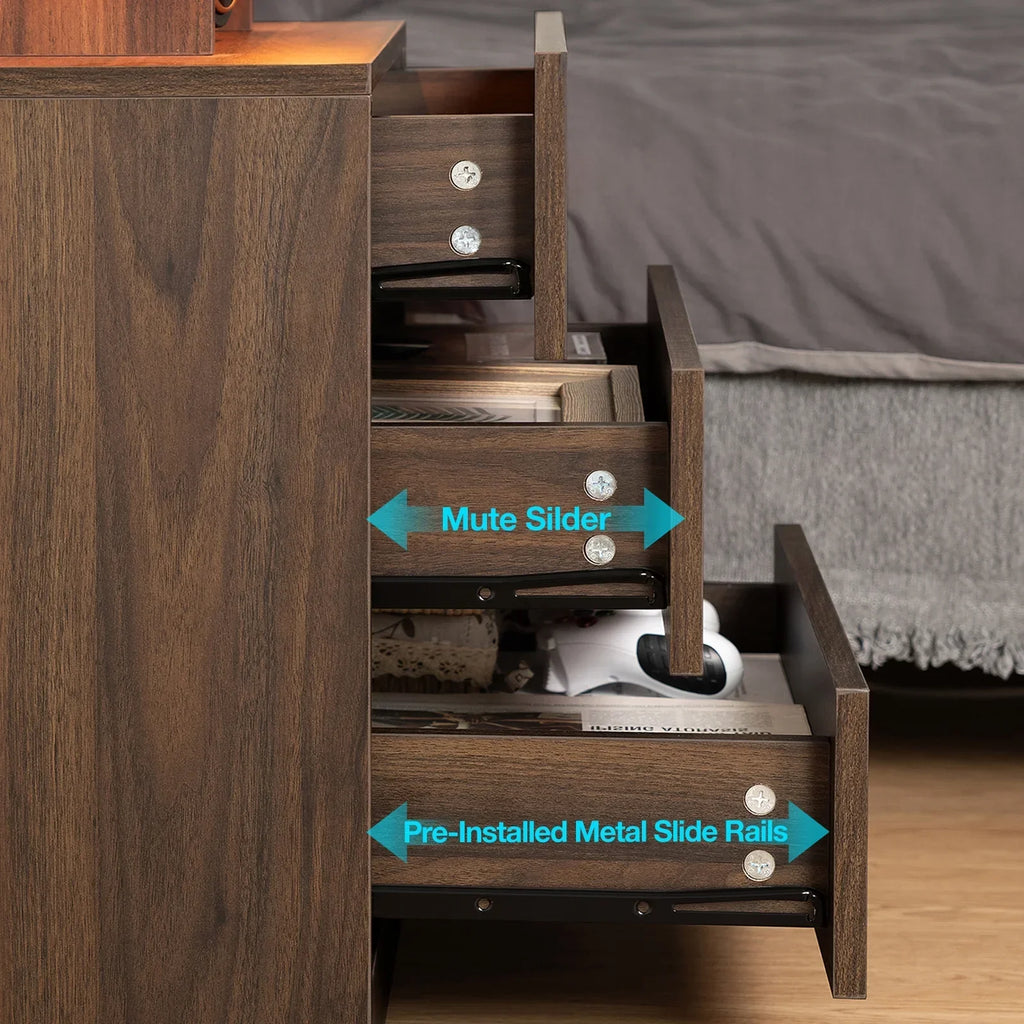 2026 NewHommpa LED Nightstand Wireless Charging Station USB Type C Outlets Bedside Table 3 Drawers Black Night Table Modern Smart Nightstand High Gloss End Side Table for Bedroom Furniture 26.8" Tall
