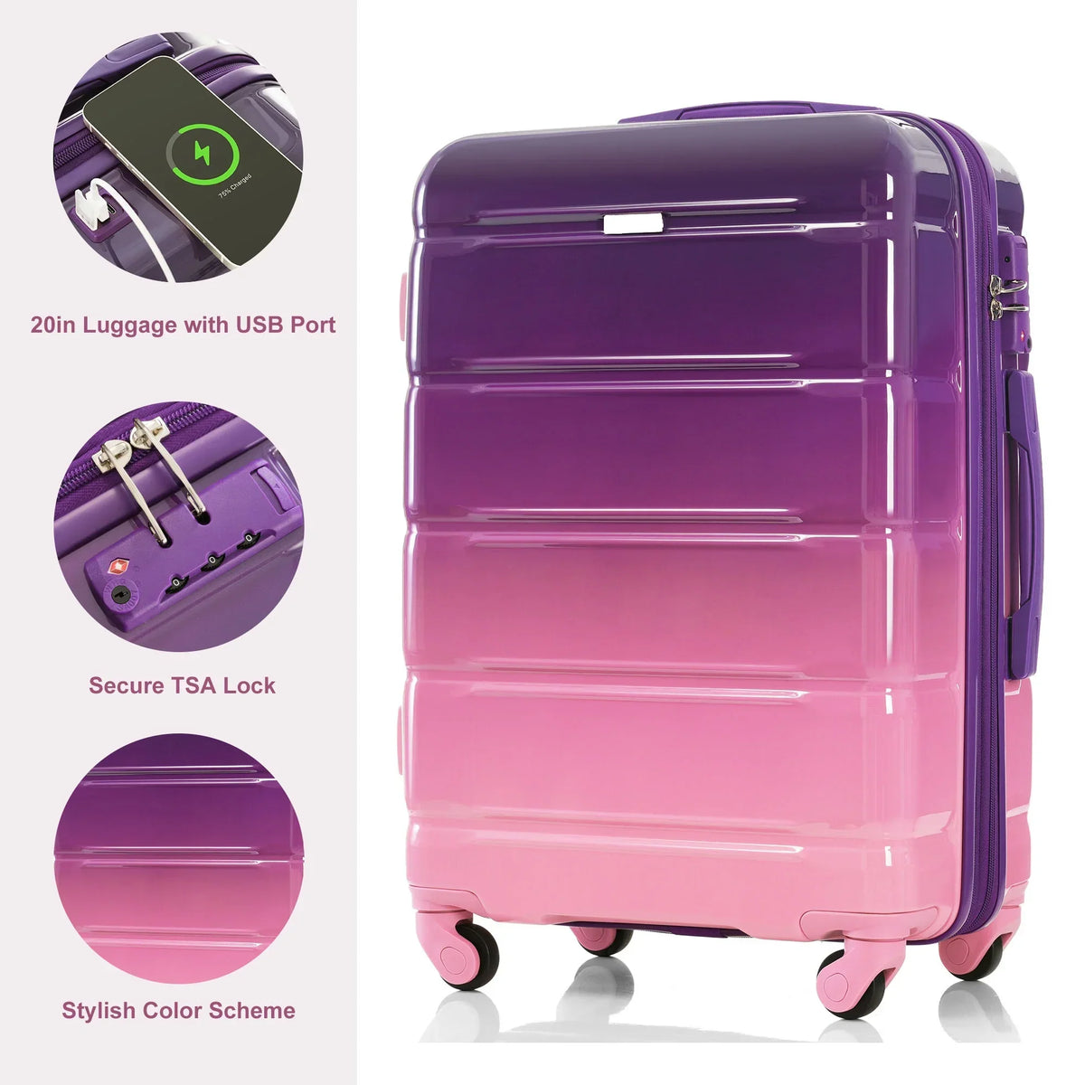 2026 NewPAPROOS 3-Piece Luggage Set (20''/24''/28''), Hardshell Lightweight Suitcase with USB Port and Side Hooks, Travel Luggage with TSA-Lock, Hardside Rolling Luggage for School, Travel, Pink