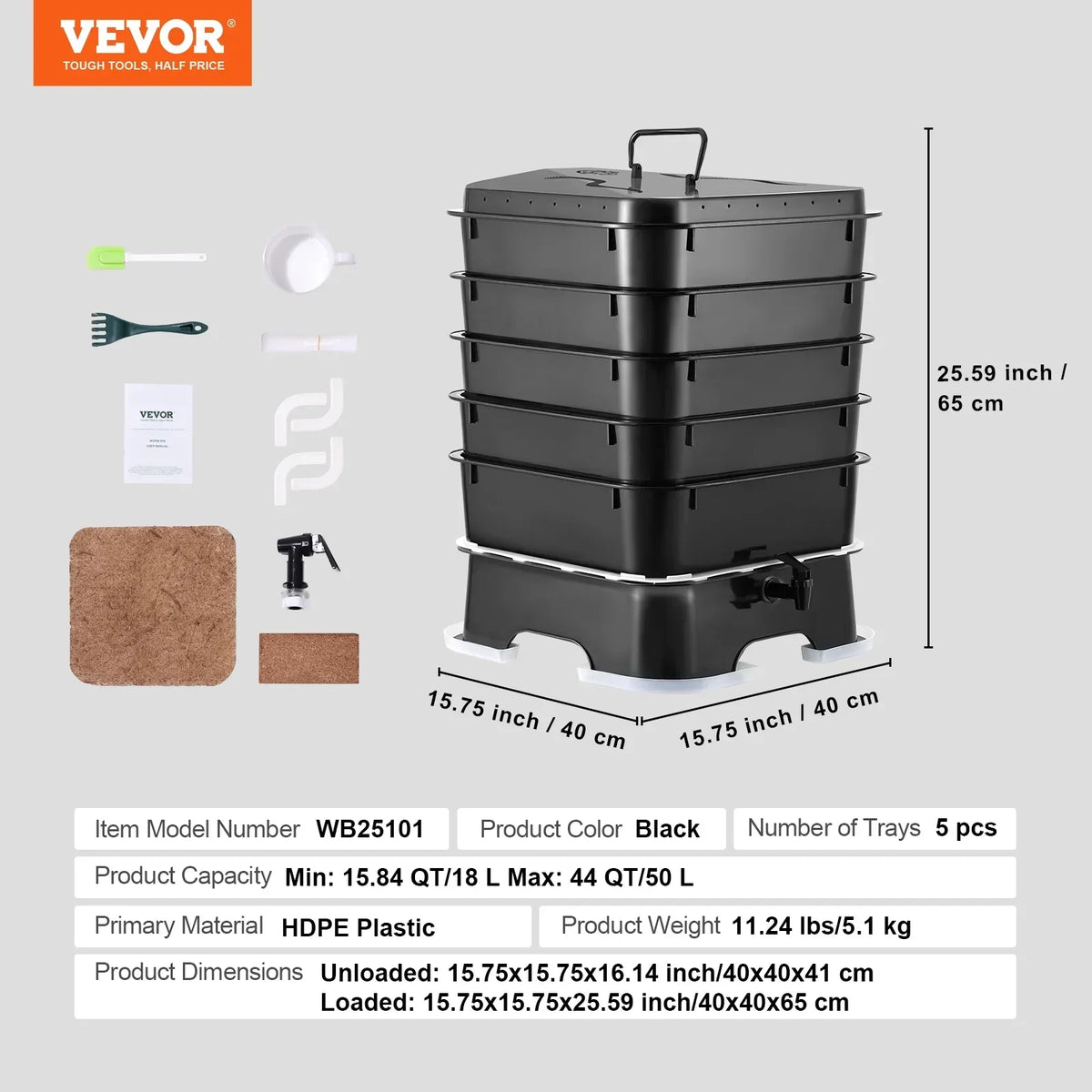 2026 NewVEVOR 5-Tray Worm Composter, 50 L Worm Compost Bin Outdoor and Indoor, Sustainable Design Worm Farm Kit, for Recycling Food Waste, Worm Castings, Worm Tea, Vermiculture and Vermicomposting