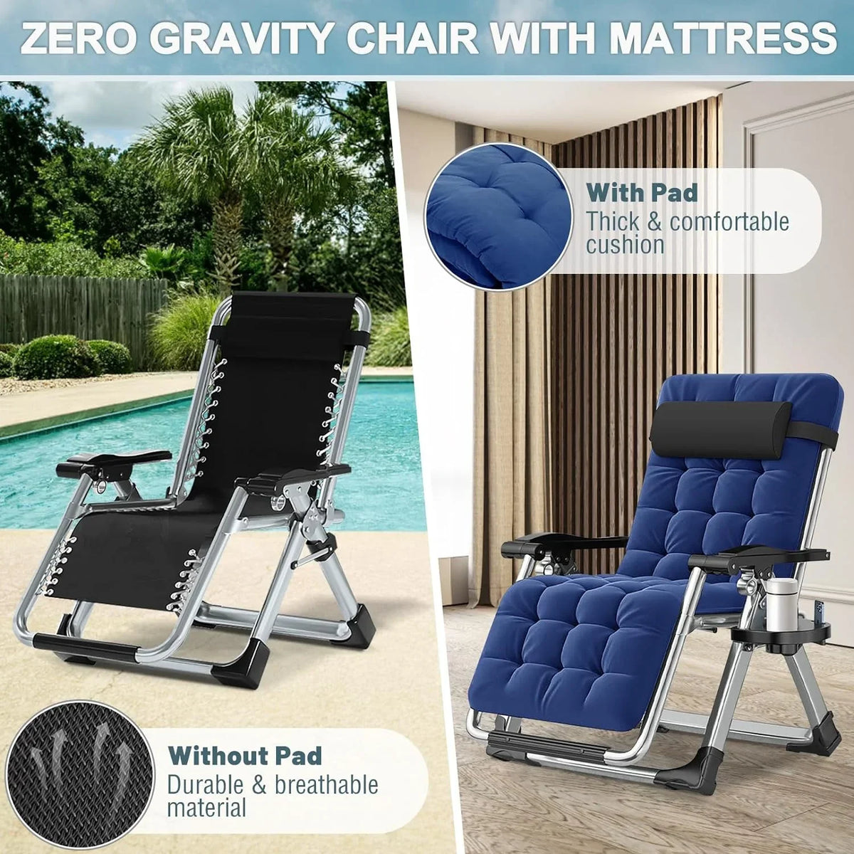 2026 NewNAIZEA 2 Pack Zero Gravity Chair, Foldable Portable Lawn Recliner with Cushion, Headrest, Cup Holder, Black