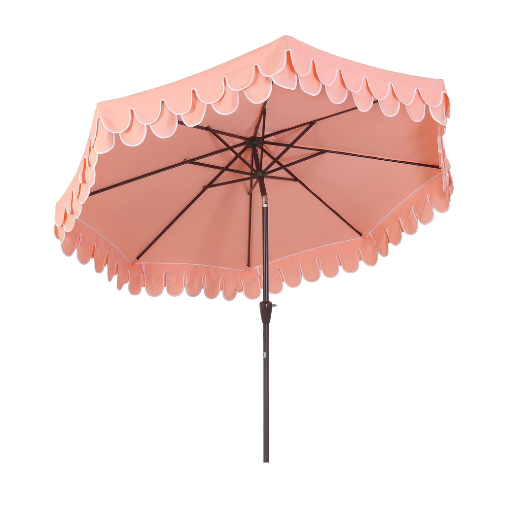 2026 NewJONATHAN Y Tracy 9 ft. Market Patio Umbrella, Classic Mid-Century Scalloped Fringe, with Auto-Tilt Crank, Wind Vent and UV Protection, Coral Pink/White, Dark Brown Pole