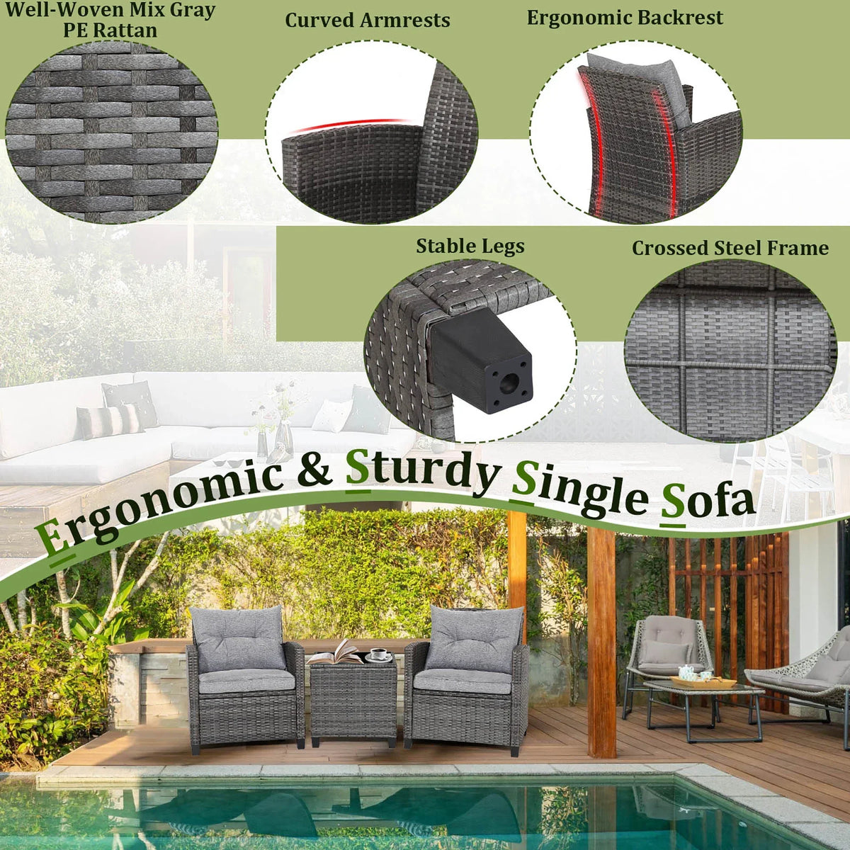 2026 NewGymax 3PCS Patio Rattan Sofa Set Outdoor Wicker Conversation Set Glass Tabletop w/ Grey Cushion
