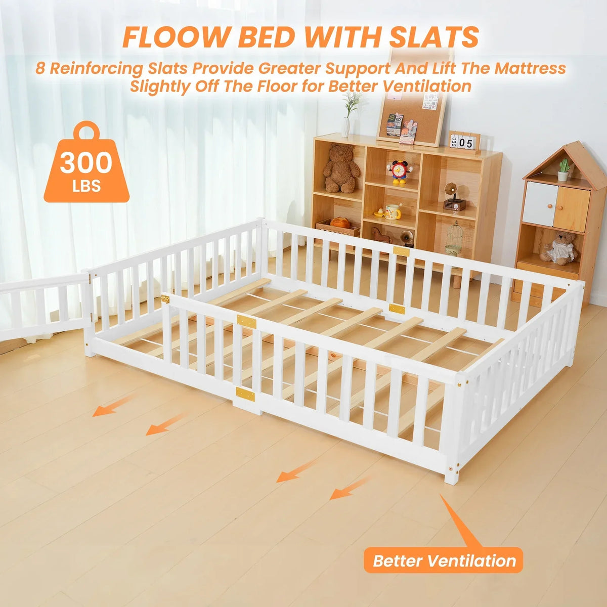 2026 NewSlsy Twin Size Toddler Floor Bed, Solid Wood Montessori Bed Frame with Fence & Door Montessori Floor Bed Crib with Safety Guardrails for Girls and Boys