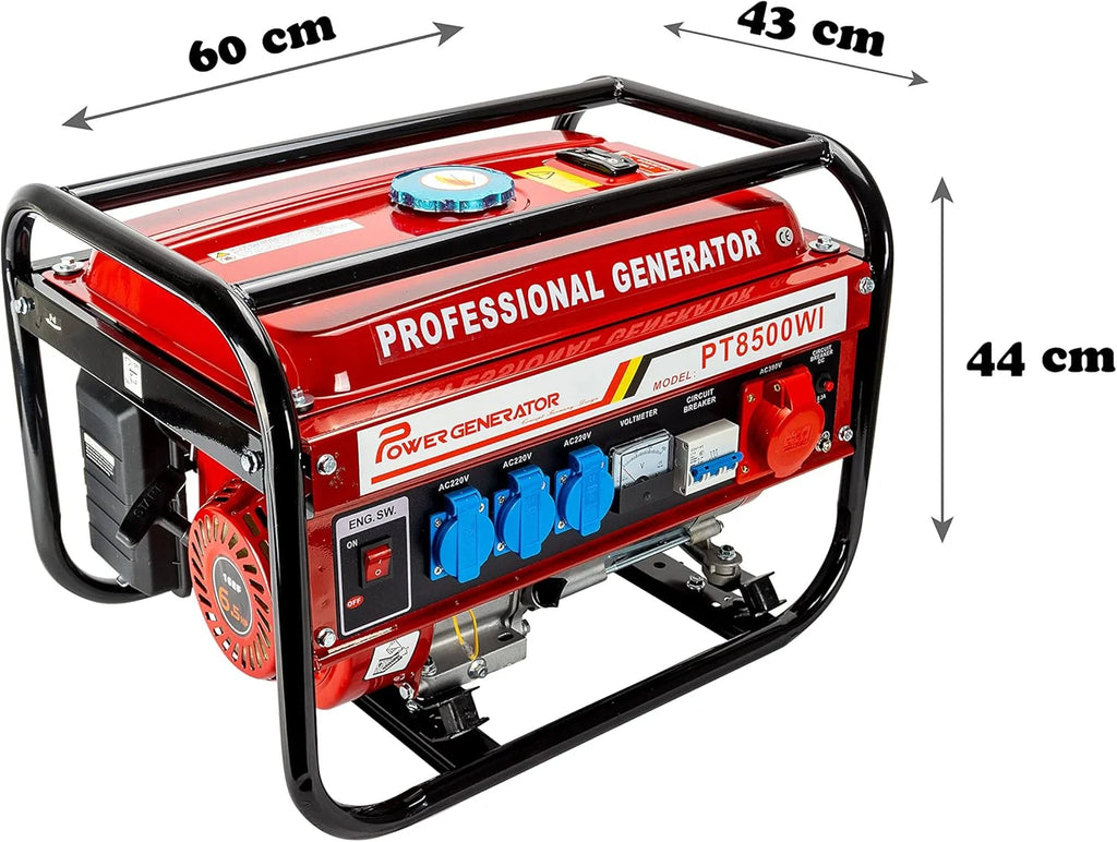 2026 Generador de corriente con gasolina | Accesorios incluidos | Grupo electrógeno silencioso | 5 enchufes 3 x 230 V / 1 x 400 V / 1 x 12 V | 6,5 CV