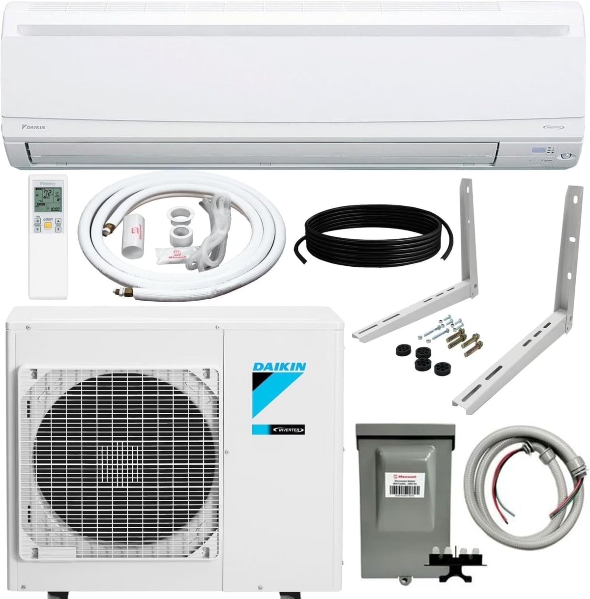 2026 NewDaikin 15,000 Btu 20 SEER2 LV Series Ductless Mini-Split Wall Mount Heat Pump Air Conditioner with 15' Installation Kit, Wall Bracket, 1/2 Electric Whip, 30A Fuse -230V