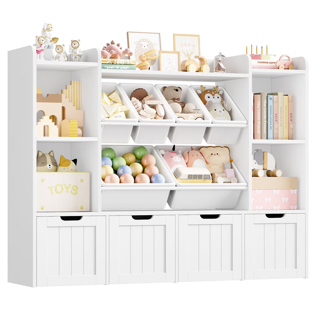 2026 NewHiphuta 3 Tier Kids Bookcase with Toy Storage Organizer, Wood Toy Organizer of 6 Boxes & 4 Removable Drawers, White