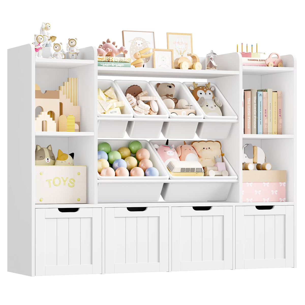 2026 NewHiphuta 3 Tier Kids Bookcase with Toy Storage Organizer, Wood Toy Organizer of 6 Boxes & 4 Removable Drawers, White