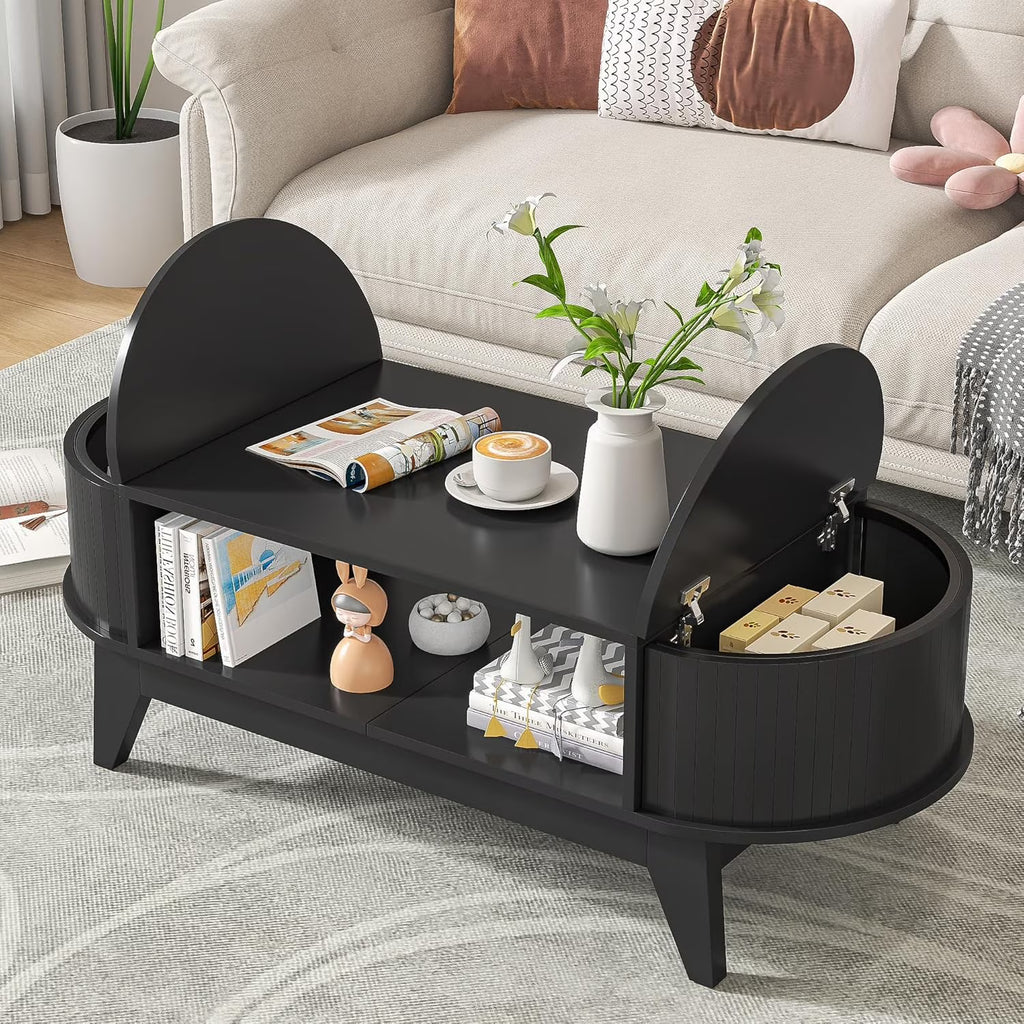 2026 NewFluted Coffee Table with Storage, Modern Coffee Tables, Wood Accent Center Table