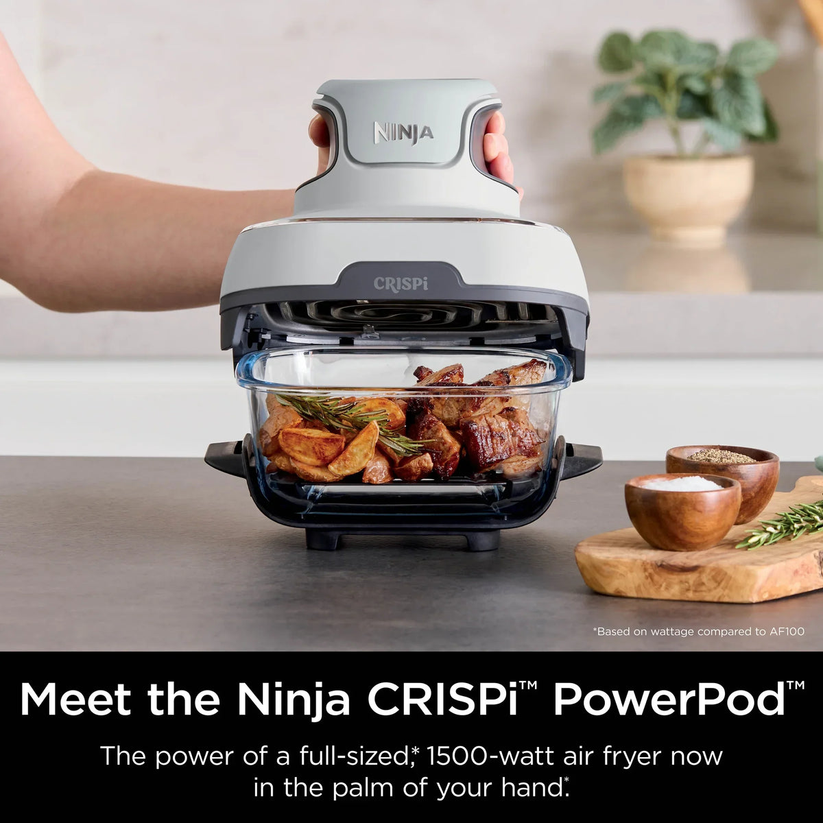 2026 NewNinja Crispi 3-in-1 Portable Glass Air Fryer Cooking System, 1500W, 4-Qt & 5-Cup TempWare Glass Containers with Storage Lids, Microwave, Freezer & Dishwasher Safe, White, FN100WH
