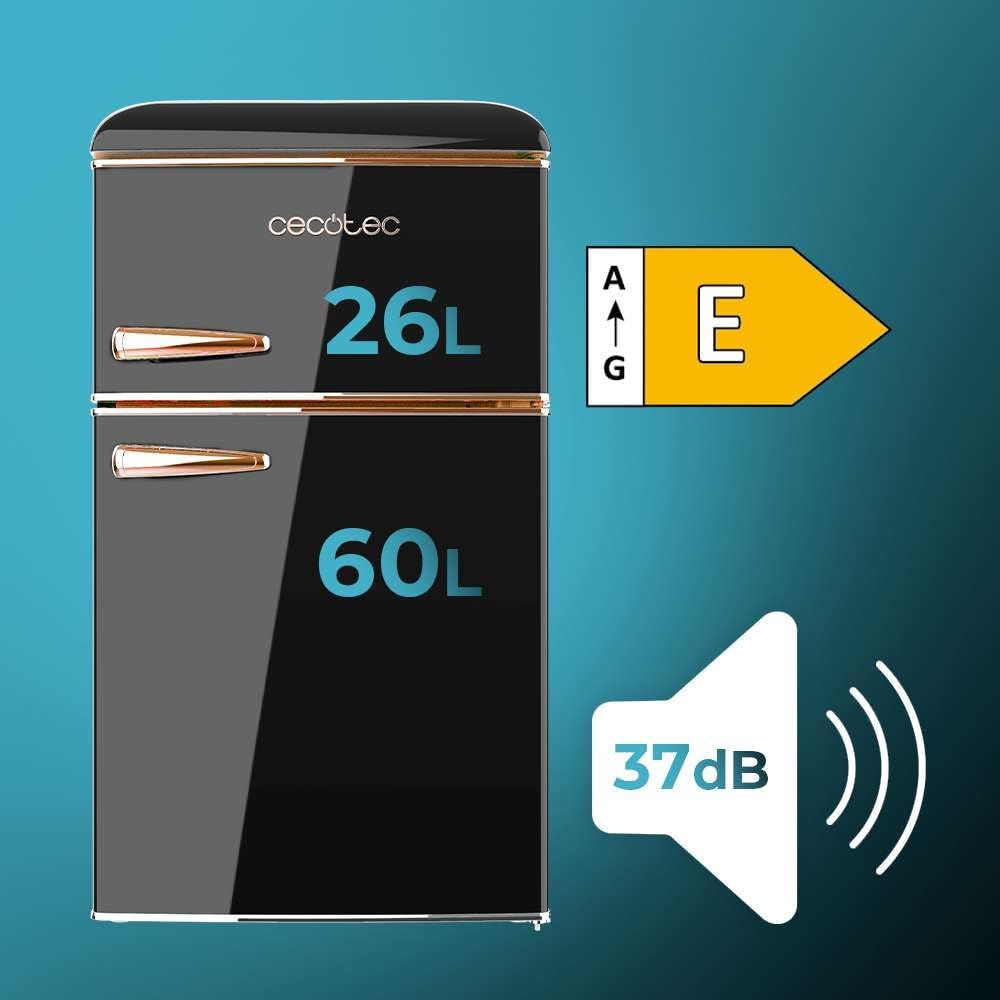 2026 Cecotec Bolero CoolMarket 2D Origin 86 Black E, frigorífico retro de 2 puertas 86 L, compartimento congelador, luz interior, tirador cromado, negro