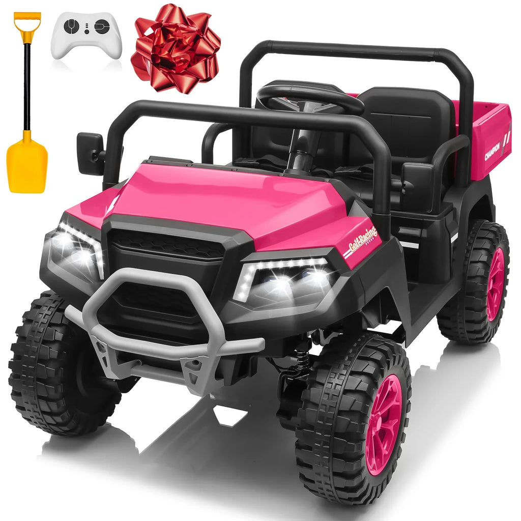 2026 NewJoyracer 4WD 24 Volt Ride on Toys UTV with 2 Seater & Remote Control, Kids Electric Golf Cart w/ 4x200W Power Motors, Tiltable Trailer & Shovel, 4 Wheels Spring Suspension, Bluetooth USB Music, Black