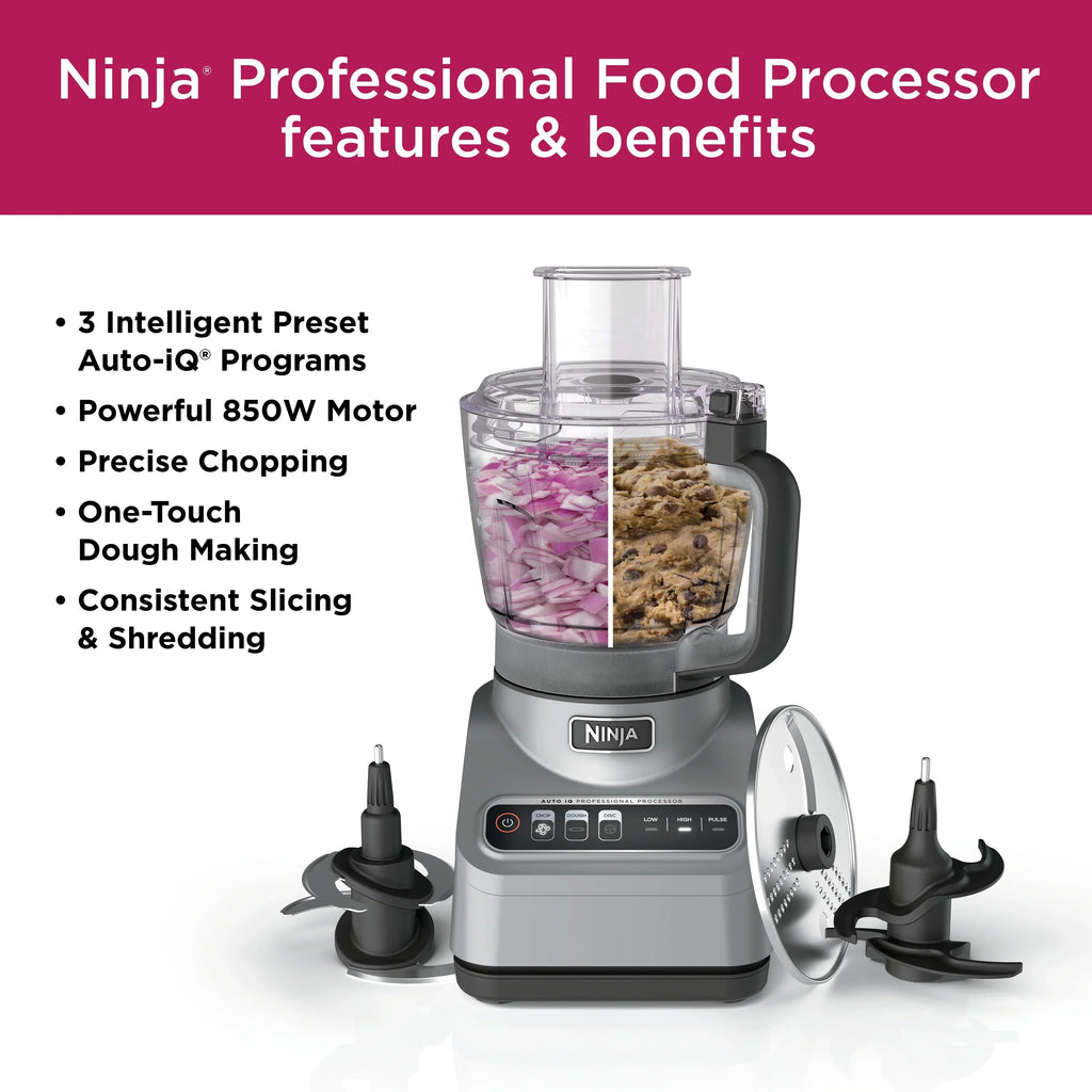 2026 NewNinja Professional 9 Cup Food Processor, 850 Watts, Auto-iQ 3 Presets, Chop, Dough, Slice, Shred, BN600 Silver