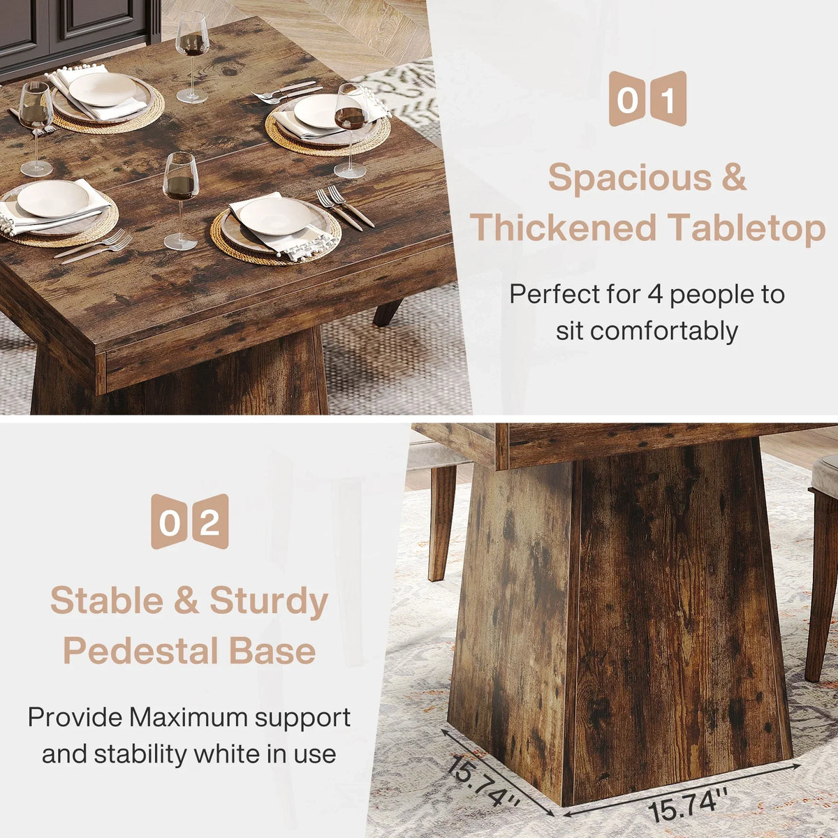2026 NewTribesigns Square Dining Table for 4, 31.5-Inch Kitchen Table Small Dinner Table with Sturdy Pedestal Base, Farmhouse Dining Room Table for Home Dining Room, Living Room, Kitchen, Vintage Brown