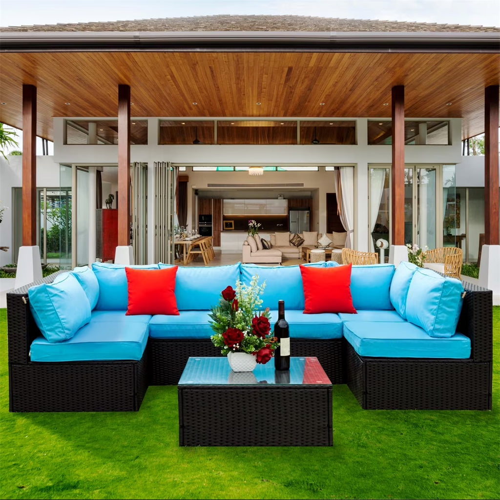 2026 New7 Piece Patio Furniture Sets Outdoor Sectional PE Rattan Outdoor Furniture Patio Conversation Set with Cushions and Glass Coffee Table, for Balcony Lawn and Garden, Gray