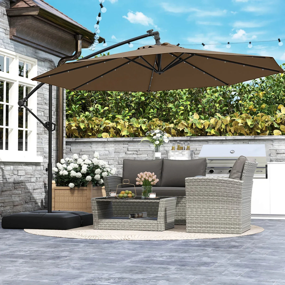 2026 NewCostway 10 FT Solar Offset Hanging Umbrella Patio Cantilever Umbrella with 32 LED Lights Brown